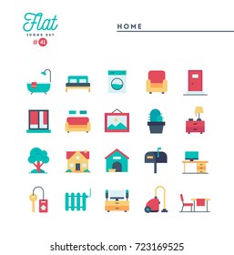 Home, interior, furniture and more, flat icons set, vector illustration