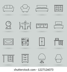 Home, interior, furniture and more, thin line icons set. Symbol, logo vector illustration.