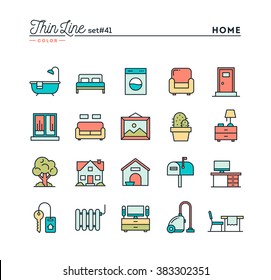 Home, interior, furniture and more, thin line color icons set, vector illustration