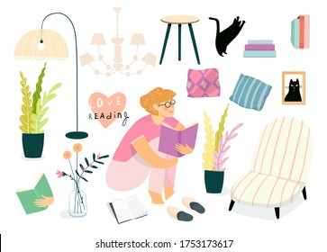 Colección de muebles y objetos interiores, libro de lectura para mujeres o niñas. Colección de objetos aislados de la vida cotidiana con una lectura de una niña o adolescente. Diseño plano vectorial.