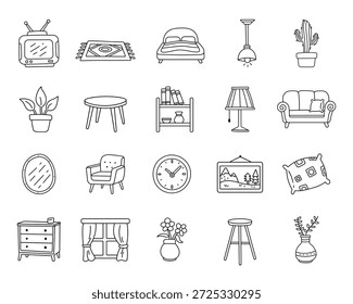 Objetos de muebles de interior del hogar fijados en el arte de la línea del contorno que muestra los artículos del dormitorio de la sala de estar incluyendo la televisión, sofá, cama, lámpara, alfombra, planta