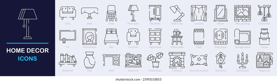 Home interior and Furniture Outline Vector Icon Collection. A set of outline icons related to decoration, table, chair, lamp, bedroom and more. Editable stroke. Vector illustration