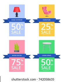 Home interior and furniture, room decor and living space sale, offers with images, represented on vector illustration isolated on white