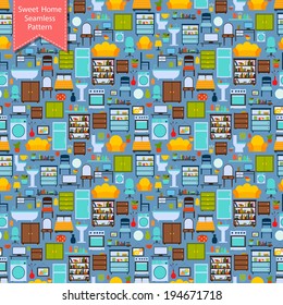 Home interior furniture seamless pattern with book shelf washing machine couch wardrobe vector illustration
