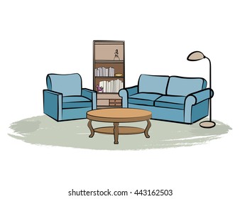 Home interior furniture with sofa, armchair, table, book shelf and books. Living room drawing design. Engraves hand drawing vector illustration