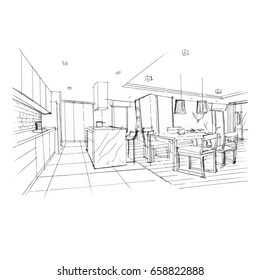 Home interior furniture with sofa, armchair, table. Living room drawing design.Free hand drawing vector illustration.Modern interior hand drawing vector.