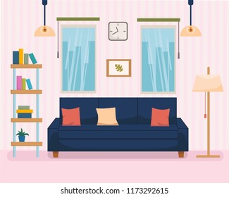 Home interior with furniture and sofa, bookshelf, lamp with strip on background. Flat cartoon style vector illustration