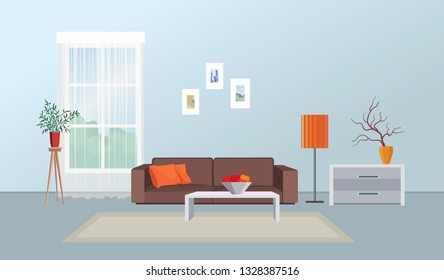 Home interior furniture with sofa, table, window. Living room drawing design. Hand drawing  illustration