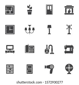Home interior furniture vector icons set, modern solid symbol collection, filled style pictogram pack. Signs, logo illustration. Set includes icons as curtains, flower pot, fireplace, chandelier, door