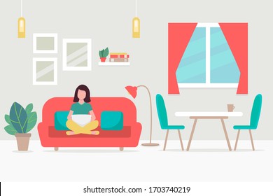 Home interior. girl, a young woman sitting with a laptop on the couch. Interior design of a living room for web site, print, poster, presentation, infographic. Flat design illustration
