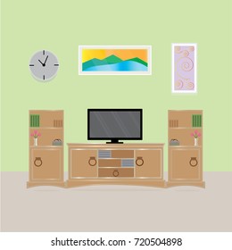 Home interior of a Green and brown living room with Television and furniture, Flat Scene Design Interior, Flat design illustration.