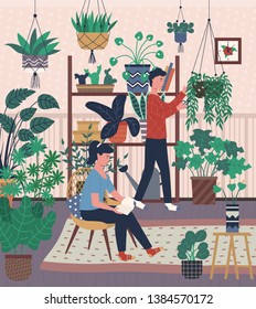 Home interior, greenhouse with plants in pots man and woman with hobby. Male caring for houseplants and woman reading book sitting on chair in room