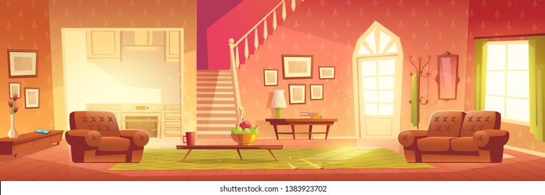 Home interior with hallway entrance, stairs on second floor and furniture. Bright hall, living room and kitchen apartment background with hanger, armchairs, tables, carpet. Cartoon vector illustration