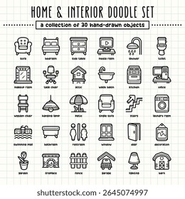 Home and interior hand-drawn doodle art illustrations and elements. felt-tip pen marker style on grid paper, great for various creative design uses.