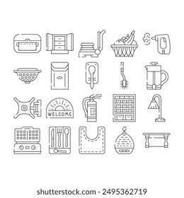 home interior house design icons set vector. equipment room, decor modern, accessories lamp, decoration building home interior house design black contour illustrations