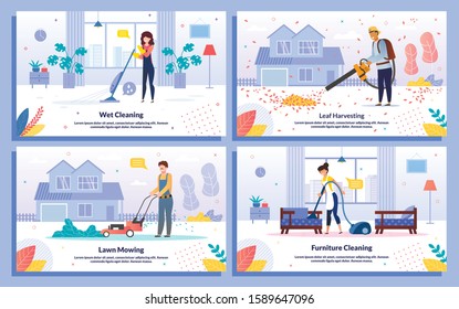 Home Interior, House Yard Cleaning Service Trendy Flat Vector Banners Set. Female, Male Workers Doing Wet Cleaning, Blowing Leaves, Mowing Lawn, Cleaning Furniture with Vacuum Cleaner Illustration