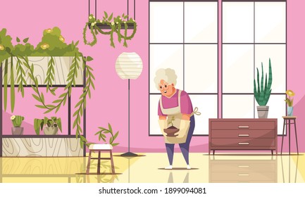 Home interior with houseplants and elderly woman cultivating potted plant flat vector illustration