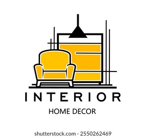 Home interior icon features modern and stylish sofa, ceiling lamp and cupboard in linear style that. Isolated vector emblem for home decor brands or interior design services evoke elegance and comfort