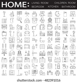 Home interior icon set. 100 high quality outline pictograms of furniture and appliances for living room, bedroom, kitchen and other rooms. Collection of vector elements for web design or mobile app. 