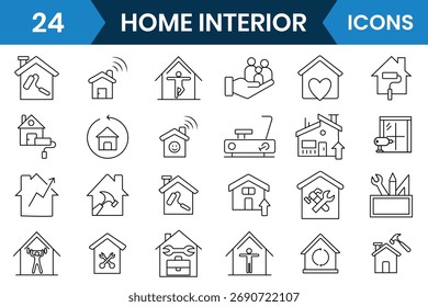 Colección de conjunto de iconos de interior del hogar. Conjunto de iconos de contorno relacionado con el interior. Contiene iconos del lugar de trabajo. Colección de iconos lineales. Ilustración vectorial.