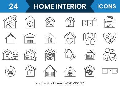 Home interior icon set collection. Interior Related Outline icon set. Contains Icons of Workplace. Linear icon collection. Vector illustration.