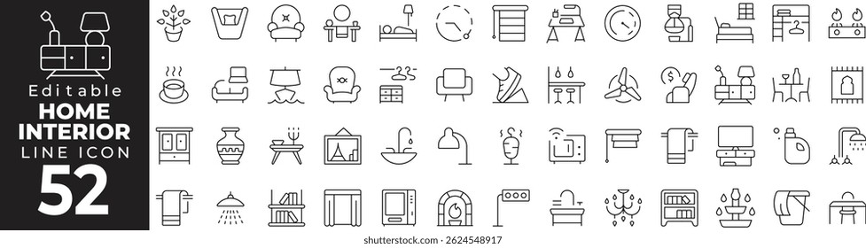 ícone Início Interior definido com traçado editável. Decoração de casa e design de interiores fina linha ícone coleção. Ilustração vetorial