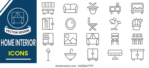 Home interior icon set. Line icon of Furniture and house decoration vector illustration, Home interior vector set. Furniture, image, improvement, mirror, architecture and more. Vector illustration.