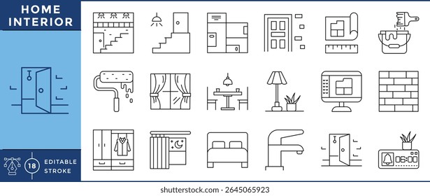 Início interior ícones pacote. Casa, interior, móveis, jantar, arquitetura, janela, tinta, escadas. Traçado editável de vetor.