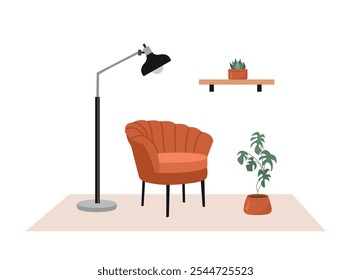 Ilustración interior casera. Elegante Sofá. Vibras Urbanas de vida. Planta en maceta. Lámpara de pie.