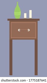 Home interior improvement vector, isolated coffee table of wooden material, furniture for house. Drawer with vintage handle, vase and candles on top