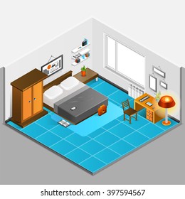 Home interior isometric concept with bedroom design and furniture vector illustration 