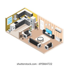 Concepto de diseño isométrico interior doméstico con salón cocina y electrodomésticos domésticos para una estancia cómoda y el descanso ilustración vectorial