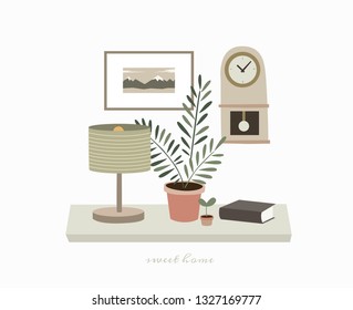 Home interior items with potted plants on the shelf. Wall clock, picture and lamp to decorate the interior of the house. Vector illustration on white isolated background.