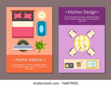 Home interior and kitchen design web pages with text sample and icons of bed and tv set, chairs and table with plates on it vector illustration