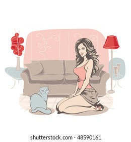 interior del hogar con señora y gato, vector
