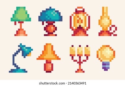 Home interior lamp pixel art set. Electric bulb, candle, vintage lampshade, lantern collection. 8-bit sprite. Game development, mobile app.  Isolated vector illustration