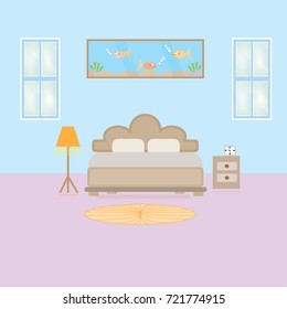 Home interior of a Light blue and pink room and brown bed with Aquarium picture and double window and furniture, Flat Scene Design Interior, Flat design illustration.