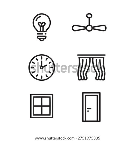 home interior light bulb ceiling fan clock curtain window and door line icon set