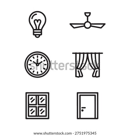 home interior light bulb ceiling fan clock curtain window and door line icon set