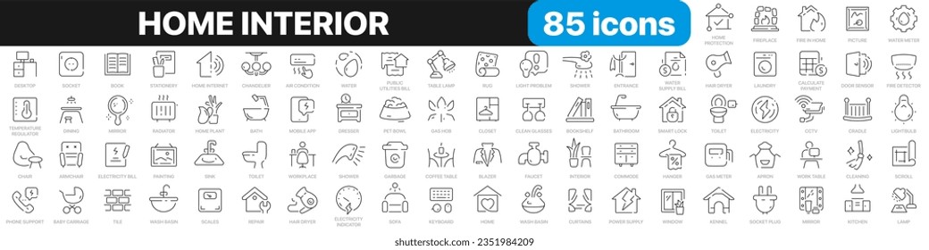 Home interior line icons collection. Dishes, devices, decoration icons. UI icon set. Thin outline icons pack. Vector illustration EPS10