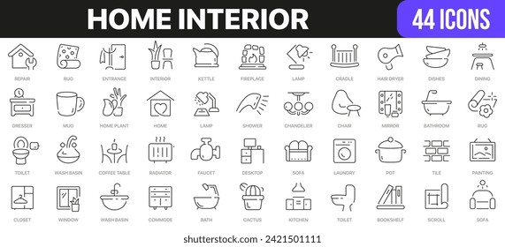 Colección de iconos de la línea interior del hogar. Icono de interfaz de usuario establecido en un diseño plano. Excelente colección de iconos firmados. Paquete de iconos de contorno delgado. Ilustración del vector EPS10