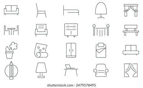 Home interior linear icon set. Furniture, interior design, closet, chair, mattress, kitchen, bedroom, sofa table, bookcase, lamps and ladder outline icon collection. UI thin outline icons pack.