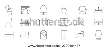 Home interior linear icon set. Furniture, interior design, closet, chair, mattress, kitchen, bedroom, sofa table, bookcase, lamps and ladder outline icon collection. UI thin outline icons pack.