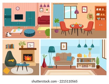 Home interior. Living room furniture. Apartment decor. Hygge design. Lamp and carpet. Plants in flowerpots. Dining table. Fireplace and armchair. Vector nowaday Scandinavian illustration