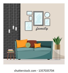 Home interior. Living room or Hallway. Furniture, decor – sofa, table, plants, paintings, lamp. Brick wall decoration. Flat style vector illustration.