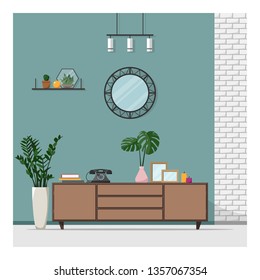 Home interior. Living room or Hallway or Bedroom. Furniture, decor – commode, mirror, plants, shelf, lamp. Brick wall decoration. Flat style vector illustration.