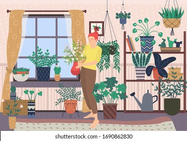 Home interior of living room vector, female character carrying plants in pot. Shelves with houseplants decoration of space. Window with fabric curtains