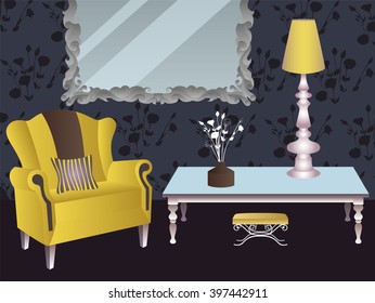 home interior with mirror in frame and armchair, with coffee table