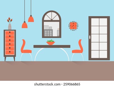 Home interior. Modern interior design dining  room with long shadows. For web design, print, poster, presentation, infographic.  Flat design illustration. 