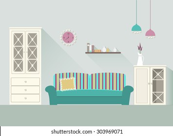 Home interior. Modern interior design of a living room for web design, print, poster, presentation, infographic. Flat design illustration. EPS 10 vector file.